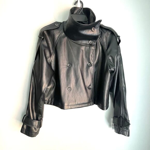 NEW Faux Leather Jacket Asos Women's Size M Cropped Double-Breasted Moto Chic - Picture 13 of 14